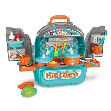 (Net) Aqua and Grey 2-in-1 Kitchen and Dining Backpack Playset for Kids