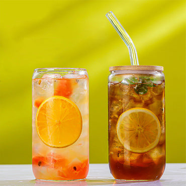 Can Glass Juice Water Cup With Bamboo Wood Lid And Plastic Straw 500 ml