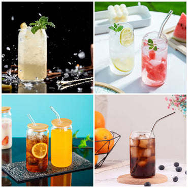 Can Glass Juice Water Cup With Bamboo Wood Lid And Plastic Straw 500 ml