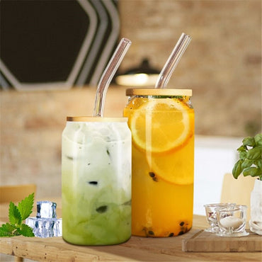Can Glass Juice Water Cup With Bamboo Wood Lid And Plastic Straw 500 ml