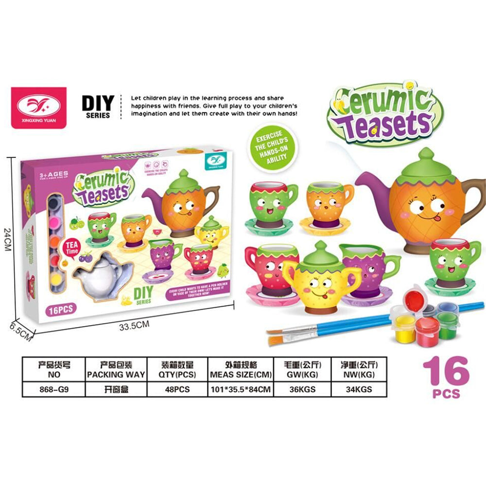 16Piece Ceramic Tea Set Toy with Painting Tools Expressive Emotions