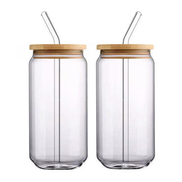 Can Glass Juice Water Cup With Bamboo Wood Lid And Plastic Straw 500 ml
