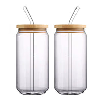 Can Glass Juice Water Cup With Bamboo Wood Lid And Plastic Straw 500 ml