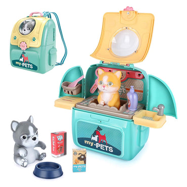 2-in-1 Aqua Yellow Animal Cat And Dog Bag Pretend Play Pet Care Set