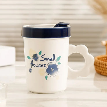 (Net) Ceramic Coffee Mug with Lid and Flower Shaped Handle - 16oz / 886320