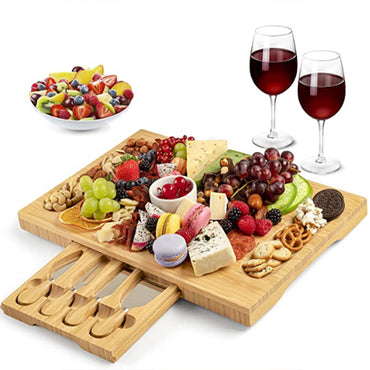 (NET) Home Bamboo Rectangular Wooden Serving Tray Board Set with Cutlery in Slide-Out Drawer