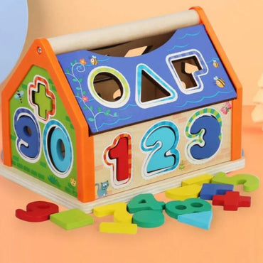 Wooden Interlocking Toy House With Numbers Geometric Shapes And Signs