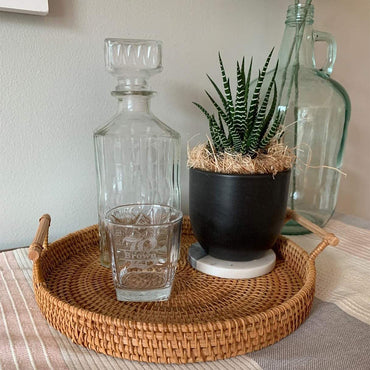 (NET) Rattan Decorative Serving Tray with Handle Kitchen Organizer