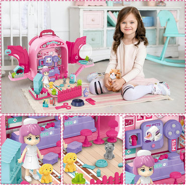 (Net) 3-in-1 Educational Pet Care Pretend Play House Toy with Backpack