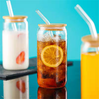 Can Glass Juice Water Cup With Bamboo Wood Lid And Plastic Straw 500 ml