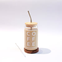 (NET) Coffee Can Shaped Glass with Lid and Stainless Steel Straw  500ml