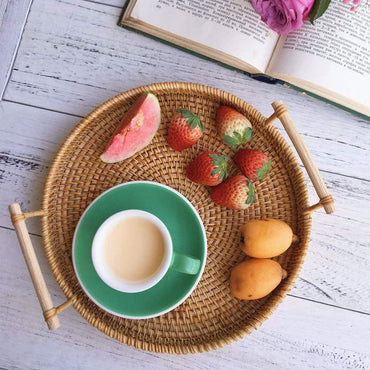 (NET) Rattan Decorative Serving Tray with Handle Kitchen Organizer