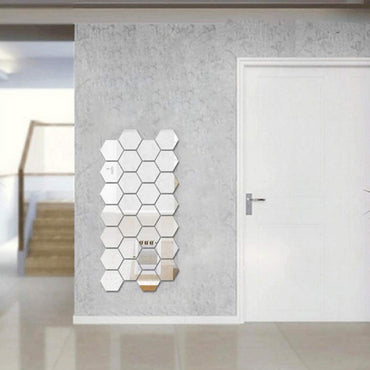(NET) Hexagon Mirror Wall Sticker Art Wall Decor Living Room Mirrored Decorative Sticker 12 Pcs
