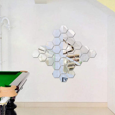 (NET) Hexagon Mirror Wall Sticker Art Wall Decor Living Room Mirrored Decorative Sticker 12 Pcs