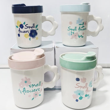 (Net) Ceramic Coffee Mug with Lid and Flower Shaped Handle - 16oz / 886320