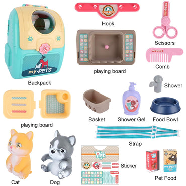 2-in-1 Aqua Yellow Animal Cat And Dog Bag Pretend Play Pet Care Set