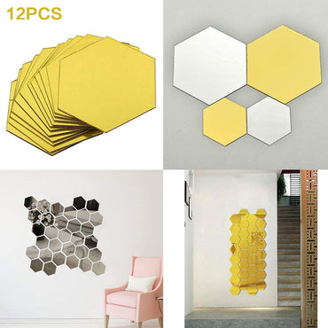 (NET) Hexagon Mirror Wall Sticker Art Wall Decor Living Room Mirrored Decorative Sticker 12 Pcs