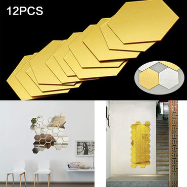 (NET) Hexagon Mirror Wall Sticker Art Wall Decor Living Room Mirrored Decorative Sticker 12 Pcs