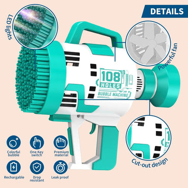 (NET) Bubble Gun 108 Holes Bubble Machine Gun Bubble Blower with Colorful Lights for Kids Adults  Summer Toys