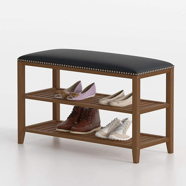 (Net)3-Tier Bamboo Shoe Rack Bench with Leather Seat - Your Stylish and Eco-Friendly Shoe Storage Solution / 003883