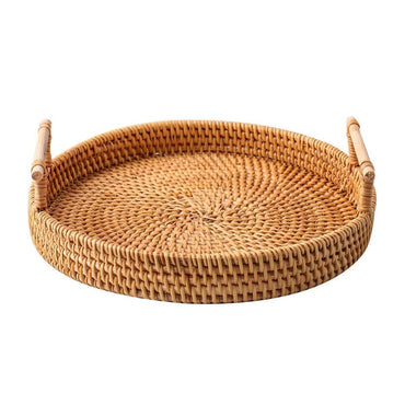(NET) Rattan Decorative Serving Tray with Handle Kitchen Organizer
