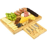 (NET) Home Bamboo Rectangular Wooden Serving Tray Board Set with Cutlery in Slide-Out Drawer