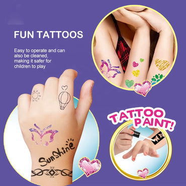 Tattoo Set With Pen Stickers Pretend Play Makeup Fashion Beauty Kit Washable Glitter