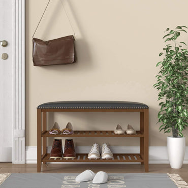(Net)3-Tier Bamboo Shoe Rack Bench with Leather Seat - Your Stylish and Eco-Friendly Shoe Storage Solution / 003883