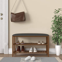 (Net)3-Tier Bamboo Shoe Rack Bench with Leather Seat - Your Stylish and Eco-Friendly Shoe Storage Solution / 003883
