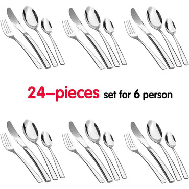 ( NET) Silverware Set Stainless Steel Flatware Silverware Set with Premium Gift box 24 pcs ( Silver)