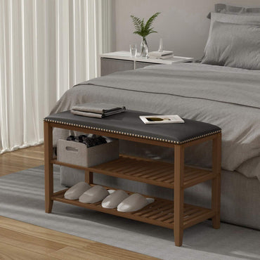 (Net)3-Tier Bamboo Shoe Rack Bench with Leather Seat - Your Stylish and Eco-Friendly Shoe Storage Solution / 003883