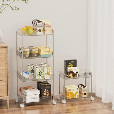 (Net) Transparent Acrylic Bookshelf Floor Standing Shelf Rack Movable with Wheels Snack Cart Sundries Organizing Holders With 4 Layers / 842311 / 8661-4