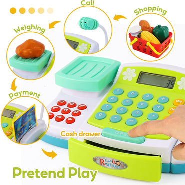 Cash Register with Microphone, Play Money, Pretend Role Play Shopping Food Toys