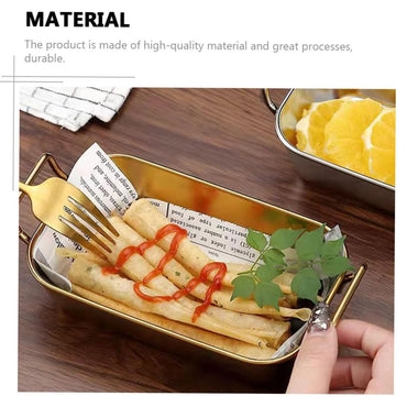 (NET) Food Serving Tray with Handle Gold Plate 21x25x6CM