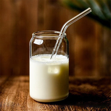 Can Glass Juice Water Cup With Bamboo Wood Lid And Plastic Straw 500 ml