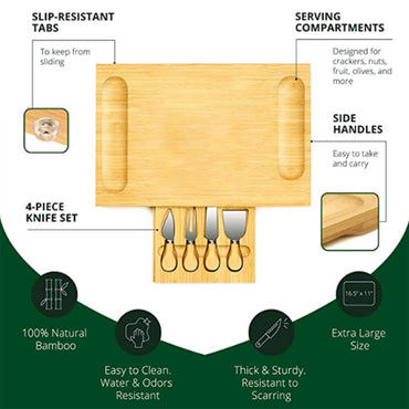 (NET) Home Bamboo Rectangular Wooden Serving Tray Board Set with Cutlery in Slide-Out Drawer