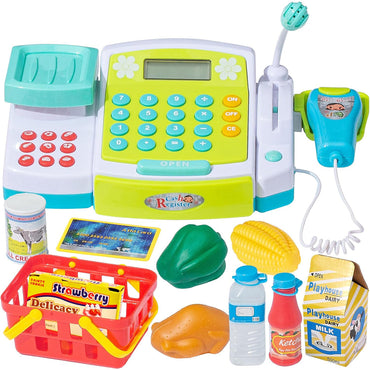 Cash Register with Microphone, Play Money, Pretend Role Play Shopping Food Toys