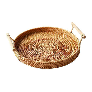 (NET) Rattan Decorative Serving Tray with Handle Kitchen Organizer