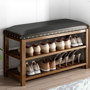 (Net)3-Tier Bamboo Shoe Rack Bench with Leather Seat - Your Stylish and Eco-Friendly Shoe Storage Solution / 003883