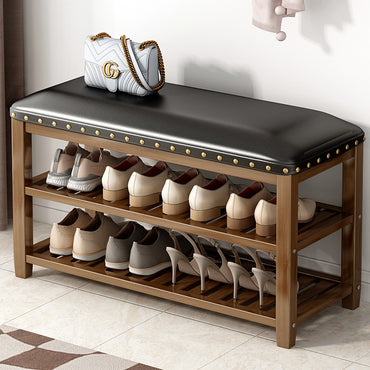 (Net)3-Tier Bamboo Shoe Rack Bench with Leather Seat - Your Stylish and Eco-Friendly Shoe Storage Solution / 003883