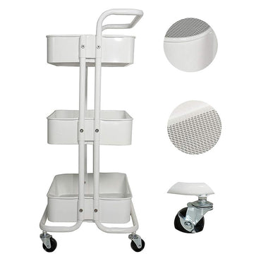 **NET**  3-Tier Metal Rolling Utility Cart with HandleMakeup Cart with Wheels Mobile Storage Serving Organizer for Kitchen Office Bar Salon - White