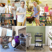 **NET** 3-Tier Metal Rolling Utility Cart with HandleMakeup Cart with Wheels Mobile Storage Serving Organizer for Kitchen Office Bar Salon - Black