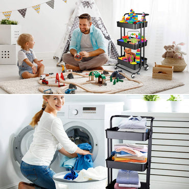 **NET** 3-Tier Metal Rolling Utility Cart with HandleMakeup Cart with Wheels Mobile Storage Serving Organizer for Kitchen Office Bar Salon - Black