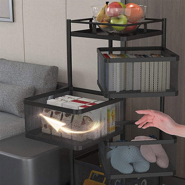 (Net) Rotating Multi-Layer Kitchen Storage Shelf 5 Tier Square Storage Rack with Wheels, Fruit Vegetable Storage Basket, Movable Household Storage Rack for Kitchen