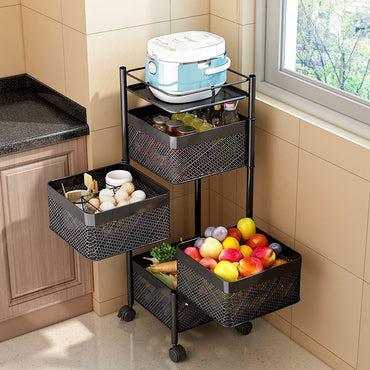 (Net) Rotating Multi-Layer Kitchen Storage Shelf 5 Tier Square Storage Rack with Wheels, Fruit Vegetable Storage Basket, Movable Household Storage Rack for Kitchen