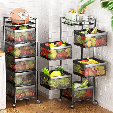 (Net) Rotating Multi-Layer Kitchen Storage Shelf 5 Tier Square Storage Rack with Wheels, Fruit Vegetable Storage Basket, Movable Household Storage Rack for Kitchen
