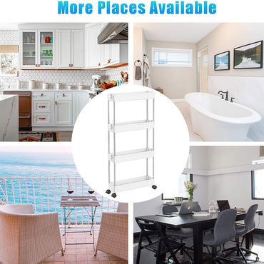 Modern Home 4 Tier Narrow Sliding Storage Organizer Rack for Laundry,Bathroom,Kitchen Rolling Cart (White)