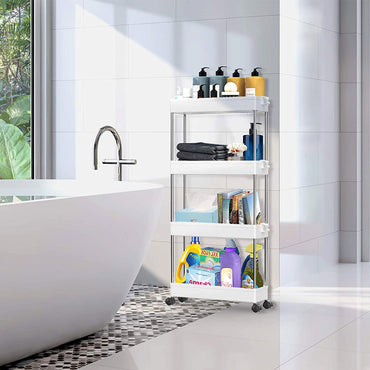 Modern Home 4 Tier Narrow Sliding Storage Organizer Rack for Laundry,Bathroom,Kitchen Rolling Cart (White)