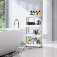 Modern Home 4 Tier Narrow Sliding Storage Organizer Rack for Laundry,Bathroom,Kitchen Rolling Cart (White)