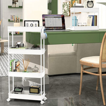 Modern Home 4 Tier Narrow Sliding Storage Organizer Rack for Laundry,Bathroom,Kitchen Rolling Cart (White)